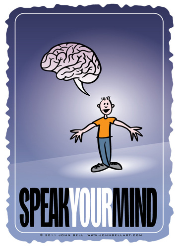 Cartoon: Speak Your Mind (medium) by JohnBellArt tagged speak,mind,cartoon,brain,thoughts,opinion,freedom,free,speech,idea,thinking