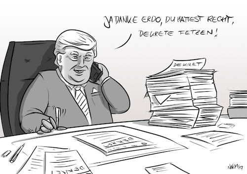 Cartoon: Donalds Dekrete (medium) by INovumI tagged donald,trump,dekret,obamacare,tpp,keystone,xl,dakota,access,pipeline,erdogan