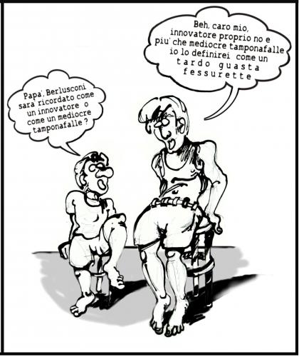 Cartoon: Innovatore o tamponafalle (medium) by yalisanda tagged berlusconi,italia,governo,tamponafalle,guasta,fessurette,innovatore,mediocre,politics,satira,berlugnette,vignette,comics,padre,figlio,irony