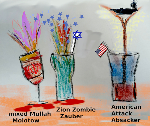 Cartoon: beliebte sommercocktails (medium) by ab tagged israel,iran,usa,krieg,middle,east,bomben,raketen,islam,tod,zerstörung,flugzeugträger,sommer,alkohol,getränk