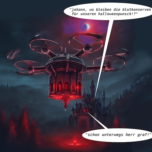 Cartoon: graf dracula lässt bitten (medium) by ab tagged halloween,dracula,fest,blut,party,diener,burg,schloss,drohne,konserve,rettung,nacht