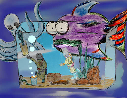 Cartoon: inside out (medium) by ab tagged underwater,aquarium,sea,fish,octopuss,man,diving