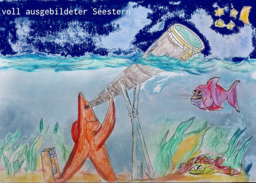 Cartoon: natur und technik (medium) by ab tagged wasser,meer,seestern,tiere,pflanzen,fisch,himmel,teleskop,sterne,nacht,mond
