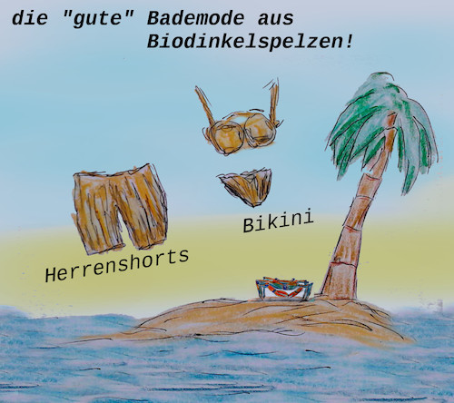 Cartoon: ökosommermode 2019 (medium) by ab tagged umweltschützer,meer,wasser,öko,bio,korrekt,baden,schwimmen,bikini,short,getreide