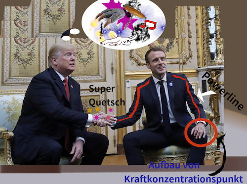 Cartoon: shakedown (medium) by ab tagged trump,macron,hand,shake,kräfte,kraft,treffen