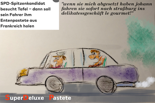 Cartoon: sozialschmackhaft (medium) by ab tagged spd,bw,spitzenkanditat,tafel,armut,deutschland,partei,essen,genuss,feinkost,arm,reich,chauffeur