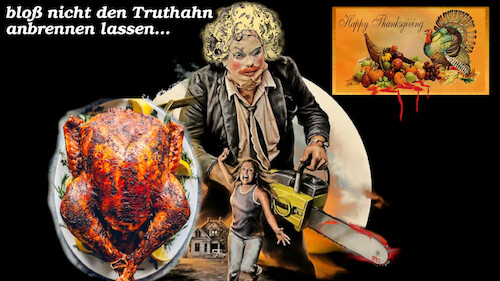 Cartoon: thanksgiving (medium) by ab tagged usa,feiertag,essen,truthahn,kettensäge,messer,frau