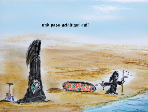 Cartoon: tod am strand (medium) by ab tagged sommer,urlaub,meer,tod,kind,familie,wasser,schlauchboot