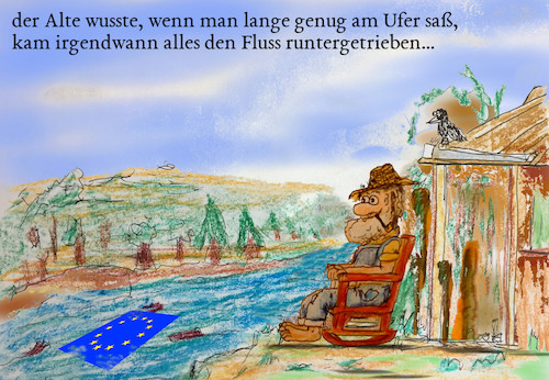 Cartoon: weisheit (medium) by ab tagged fluss,natur,ufer,mann,alter,weisheit,wissen,strömung,zeit,eu,uk,flagge