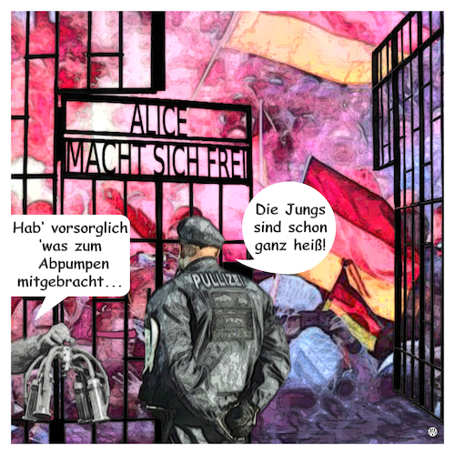 Cartoon: Ejakulation (medium) by Night Owl tagged kz,gedenkstätte,besuchergruppe,eklat,afd,alice,weidel,sachsenhausen,oranienburg,antisemitismus,gaskammer,juden