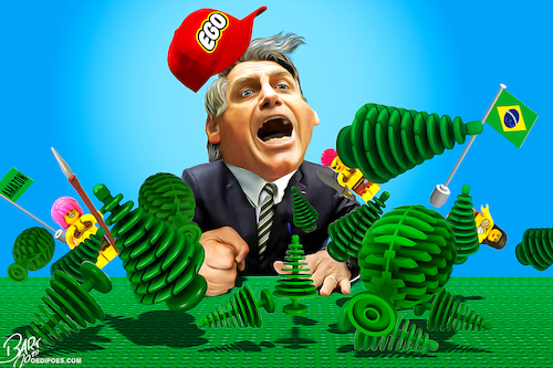 Cartoon: Ego Bolsonaro (medium) by Bart van Leeuwen tagged bolsonaro,amazon,rainforest,lego,ego,climatechange