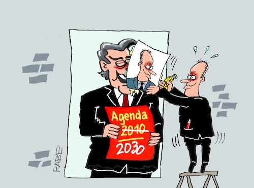 Cartoon: Agenda Überkleber (medium) by RABE tagged ampel,ampelregierung,rot,grün,gelb,fdp,spd,grüne,rabe,ralf,böhme,cartoon,karikatur,pressezeichnung,farbcartoon,tagescartoon,inflation,einkommen,rente,rentenpaket,bruch,streit,neuwahlen,wahlkampf,kanzlerkandidat,agenda,gerhard,schröder,union,cdu,friedrich,merz,ampel,ampelregierung,rot,grün,gelb,fdp,spd,grüne,rabe,ralf,böhme,cartoon,karikatur,pressezeichnung,farbcartoon,tagescartoon,inflation,einkommen,rente,rentenpaket,bruch,streit,neuwahlen,wahlkampf,kanzlerkandidat,agenda,gerhard,schröder,union,cdu,friedrich,merz