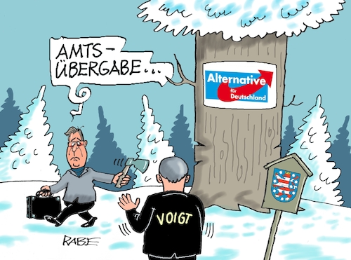 Cartoon: Amtsübergabe (medium) by RABE tagged landtagswahl,thüringen,septemper,cdu,afd,mario,voigt,bernd,höcke,tv,duell,fernsehduell,rabe,ralf,böhme,cartoon,karikatur,pressezeichnung,farbcartoon,tagescartoon,sachsen,wechselwähler,chamäleon,amtsübergabe,bsw,brombeere,ramelow,axt,wald,winter,baum,eiche,landtagswahl,thüringen,septemper,cdu,afd,mario,voigt,bernd,höcke,tv,duell,fernsehduell,rabe,ralf,böhme,cartoon,karikatur,pressezeichnung,farbcartoon,tagescartoon,sachsen,wechselwähler,chamäleon,amtsübergabe,bsw,brombeere,ramelow,axt,wald,winter,baum,eiche