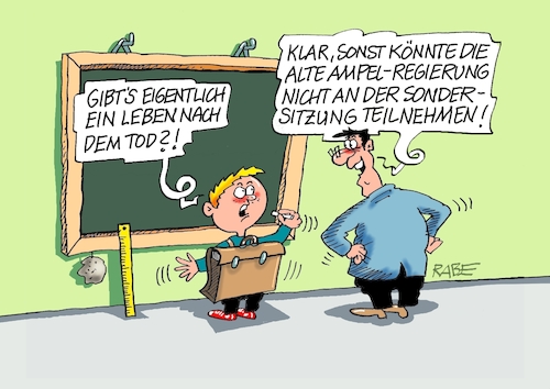 Cartoon: Auferstehung (medium) by RABE tagged ampel,ampelregierung,rot,grün,gelb,fdp,spd,grüne,rabe,ralf,böhme,cartoon,karikatur,pressezeichnung,farbcartoon,tagescartoon,inflation,einkommen,rente,rentenpaket,bruch,streit,neuwahlen,sondersitzung,bundestag,abstimmung,merz,schuldenbremse,lockerung,tod,leben,auferstehung,schule,schüler,lehrer,tafel,frage,ampel,ampelregierung,rot,grün,gelb,fdp,spd,grüne,rabe,ralf,böhme,cartoon,karikatur,pressezeichnung,farbcartoon,tagescartoon,inflation,einkommen,rente,rentenpaket,bruch,streit,neuwahlen,sondersitzung,bundestag,abstimmung,merz,schuldenbremse,lockerung,tod,leben,auferstehung,schule,schüler,lehrer,tafel,frage