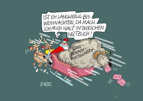 Cartoon: Aushilfe (medium) by RABE tagged ampel,ampelregierung,rot,grün,gelb,fdp,spd,grüne,rabe,ralf,böhme,cartoon,karikatur,pressezeichnung,farbcartoon,tagescartoon,inflation,einkommen,rente,rentenpaket,bruch,streit,neuwahlen,wahlkampf,wahlbenachrichtigung,weihnachten,weihnachtsmann,schlitten,rentiere,postsack,ampel,ampelregierung,rot,grün,gelb,fdp,spd,grüne,rabe,ralf,böhme,cartoon,karikatur,pressezeichnung,farbcartoon,tagescartoon,inflation,einkommen,rente,rentenpaket,bruch,streit,neuwahlen,wahlkampf,wahlbenachrichtigung,weihnachten,weihnachtsmann,schlitten,rentiere,postsack