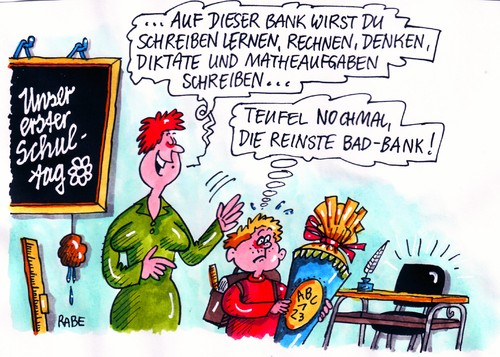 Cartoon: Bad Bank (medium) by RABE tagged schule,erziehung,bad,bank,lehrer,euro,schule,erziehung,bad bank,banken,euro,lehrer,bad,bank