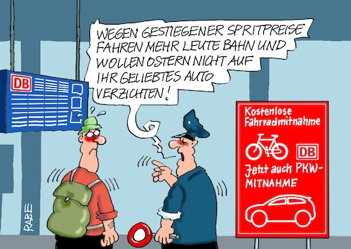 Cartoon: Bahn beliebter (medium) by RABE tagged merz,kanzler,koalition,union,spd,klingbeil,cartoon,karikatur,pressezeichnung,farbcartoon,tagescartoon,db,bahn,frühling,frühjahr,frühjahrsputz,ice,zug,blumenkasten,blumenkästen,ostern,osterverkahr,bahnreisende,bahnsteig,pkw,auto,automitnahme,fahrrad,fahrradmitnahme,sprit,spritpreise,tankstelle,spritpreispaket,schaffner,merz,kanzler,koalition,union,spd,klingbeil,cartoon,karikatur,pressezeichnung,farbcartoon,tagescartoon,db,bahn,frühling,frühjahr,frühjahrsputz,ice,zug,blumenkasten,blumenkästen,ostern,osterverkahr,bahnreisende,bahnsteig,pkw,auto,automitnahme,fahrrad,fahrradmitnahme,sprit,spritpreise,tankstelle,spritpreispaket,schaffner