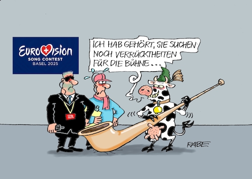Cartoon: ESC (medium) by RABE tagged songcontest,esc,schweiz,alphorn,kühe,kuh,schlager,pop,bühnenshow,spktakel,rabe,cartoon,karikatur,songcontest,esc,schweiz,alphorn,kühe,kuh,schlager,pop,bühnenshow,spktakel,rabe,cartoon,karikatur
