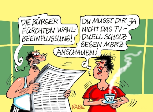 Cartoon: Fersehduell (medium) by RABE tagged ampel,ampelregierung,rot,grün,gelb,fdp,spd,grüne,rabe,ralf,böhme,cartoon,karikatur,pressezeichnung,farbcartoon,tagescartoon,inflation,einkommen,rente,rentenpaket,bruch,streit,neuwahlen,wahlkampf,scholz,merz,kanzlerkandidaten,rededuell,fernsehduell,ard,zdf,wahlbeeinflussung,ampel,ampelregierung,rot,grün,gelb,fdp,spd,grüne,rabe,ralf,böhme,cartoon,karikatur,pressezeichnung,farbcartoon,tagescartoon,inflation,einkommen,rente,rentenpaket,bruch,streit,neuwahlen,wahlkampf,scholz,merz,kanzlerkandidaten,rededuell,fernsehduell,ard,zdf,wahlbeeinflussung