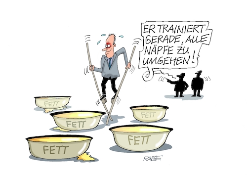 Cartoon: Fettnapf (medium) by RABE tagged merz,union,kanzler,fritze,koalition,spd,klingbeil,bundesregierung,rabe,ralf,böhme,cartoon,karikatur,pressezeichnung,farbcartoon,tagescartoon,fett,fettnapf,drecksarbeit,stelzen,training,merz,union,kanzler,fritze,koalition,spd,klingbeil,bundesregierung,rabe,ralf,böhme,cartoon,karikatur,pressezeichnung,farbcartoon,tagescartoon,fett,fettnapf,drecksarbeit,stelzen,training