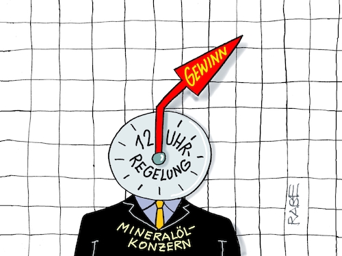Cartoon: Gewinnsteigerung (medium) by RABE tagged merz,kanzler,koalition,union,spd,klingbeil,cartoon,karikatur,pressezeichnung,farbcartoon,tagescartoon,db,bahn,frühling,frühjahr,frühjahrsputz,ice,zug,blumenkasten,blumenkästen,mineralölkonzern,gewinn,uhr,zifferblatt,zeiger,bilanz,steigerung,profit,einnahmeplus,spritpreis,tankrabatt,merz,kanzler,koalition,union,spd,klingbeil,cartoon,karikatur,pressezeichnung,farbcartoon,tagescartoon,db,bahn,frühling,frühjahr,frühjahrsputz,ice,zug,blumenkasten,blumenkästen,mineralölkonzern,gewinn,uhr,zifferblatt,zeiger,bilanz,steigerung,profit,einnahmeplus,spritpreis,tankrabatt