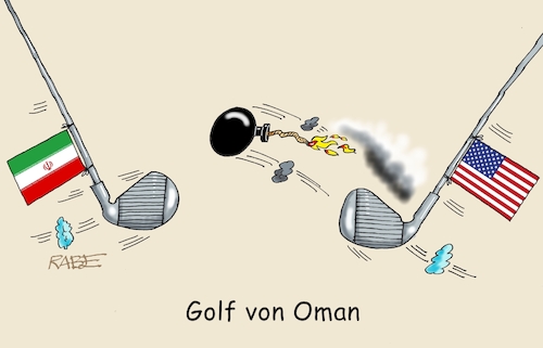 Cartoon: Golfer unter sich (medium) by RABE tagged trump,kanada,gipfel,gipfeltreffen,staatschefs,rabe,ralf,böhme,cartoon,karikatur,pressezeichnung,farbcartoon,tagescartoon,gespenst,geist,angst,donald,usa,iran,israel,golf,golfschläger,bombe,granate,lunte,golfspieler,atomanlage,oman,trump,kanada,gipfel,gipfeltreffen,staatschefs,rabe,ralf,böhme,cartoon,karikatur,pressezeichnung,farbcartoon,tagescartoon,gespenst,geist,angst,donald,usa,iran,israel,golf,golfschläger,bombe,granate,lunte,golfspieler,atomanlage,oman