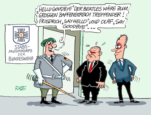 Cartoon: Hallo und auf Wiedersehen (medium) by RABE tagged merz,groko,spd,union,posten,postenvergabe,rabe,ralf,böhme,cartoon,karikatur,pressezeichnung,farbcartoon,tagescartoon,schaufenster,deko,umbau,laden,ladenhüter,regierungsbildung,zapfenstreich,bundeswehr,musikkorps,wunschmusik,pop,rock,klassik,beatles,hello,goodbye,merz,groko,spd,union,posten,postenvergabe,rabe,ralf,böhme,cartoon,karikatur,pressezeichnung,farbcartoon,tagescartoon,schaufenster,deko,umbau,laden,ladenhüter,regierungsbildung,zapfenstreich,bundeswehr,musikkorps,wunschmusik,pop,rock,klassik,beatles,hello,goodbye