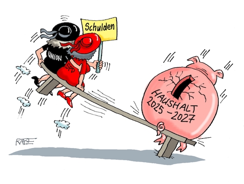 Cartoon: Haushaltslage (medium) by RABE tagged merz,union,kanzler,fritze,koalition,spd,klingbeil,bundesregierung,rabe,ralf,böhme,cartoon,karikatur,pressezeichnung,farbcartoon,tagescartoon,trump,putin,krisen,tv,nachrichten,waschmaschine,finanzierung,schulden,milliardenloch,bank,sparschwein,etat,schuldenhaushalt,sozialleistung,wippe,aufwärtstrent,merz,union,kanzler,fritze,koalition,spd,klingbeil,bundesregierung,rabe,ralf,böhme,cartoon,karikatur,pressezeichnung,farbcartoon,tagescartoon,trump,putin,krisen,tv,nachrichten,waschmaschine,finanzierung,schulden,milliardenloch,bank,sparschwein,etat,schuldenhaushalt,sozialleistung,wippe,aufwärtstrent