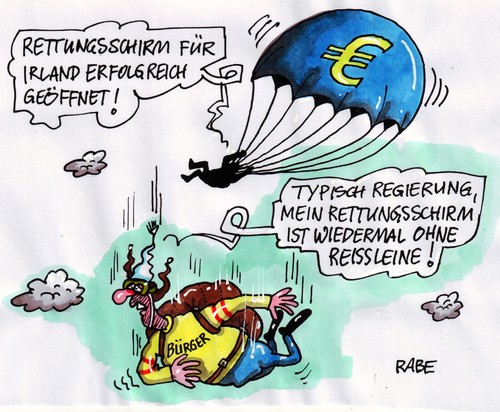 Cartoon: Irland Rettungsschirm (medium) by RABE tagged reißleine,ohne,fallschirm,euro,finanzen,finanzkrise,wirtchaftskrise,irland,rettung