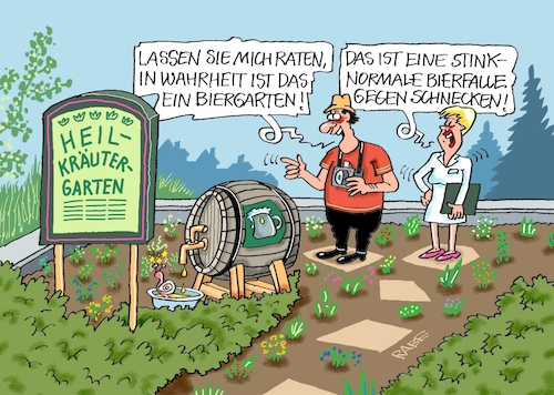Cartoon: Kräutergarten (medium) by RABE tagged bier,bierfalle,bierfass,schnecke,kräuter,kräuterbeet,cartoon,karikatur,rabe,ralf,böhme,farbzeichnung,pressezeichnung,tagescartoon,schneckenfalle,heilkräuter,schneckenplage,pflanzen,tiere,bier,bierfalle,bierfass,schnecke,kräuter,kräuterbeet,cartoon,karikatur,rabe,ralf,böhme,farbzeichnung,pressezeichnung,tagescartoon,schneckenfalle,heilkräuter,schneckenplage,pflanzen,tiere