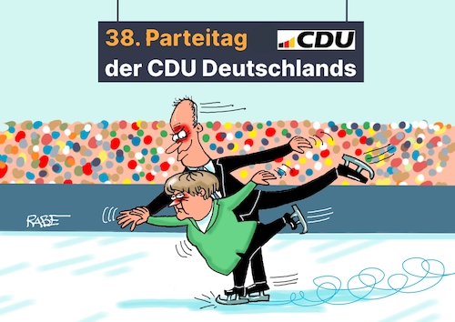 Cartoon: Kürlauf (medium) by RABE tagged merz,kanzler,koalition,union,spd,klingbeil,cartoon,karikatur,pressezeichnung,farbcartoon,tagescartoon,bürokratie,verwaltung,beamte,modernisierung,monster,drachen,schwert,holzschwert,nägel,säge,angela,merkel,ehrengast,bundesparteitag,stuttgart,parteispitze,wiederwahl,umfragewerte,olympia,eiskunstlauf,paarlauf,kür,merz,kanzler,koalition,union,spd,klingbeil,cartoon,karikatur,pressezeichnung,farbcartoon,tagescartoon,bürokratie,verwaltung,beamte,modernisierung,monster,drachen,schwert,holzschwert,nägel,säge,angela,merkel,ehrengast,bundesparteitag,stuttgart,parteispitze,wiederwahl,umfragewerte,olympia,eiskunstlauf,paarlauf,kür