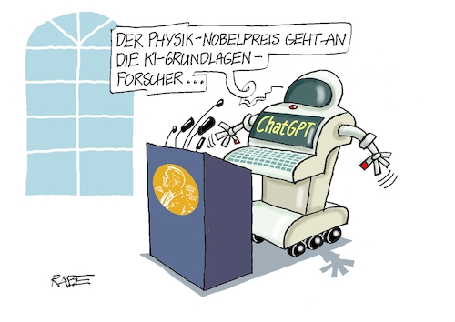 Cartoon: Nobelpreis Physik (medium) by RABE tagged ampel,ampelregierung,rot,grün,gelb,fdp,spd,grüne,rabe,ralf,böhme,cartoon,karikatur,pressezeichnung,farbcartoon,tagescartoon,inflation,einkommen,rente,rentenpaket,bruch,streit,neuwahlen,nobel,nobelpreis,physik,schweden,akademie,göteborg,preisverleihung,ki,chatgpt,computer,roboter,rednerpult,ampel,ampelregierung,rot,grün,gelb,fdp,spd,grüne,rabe,ralf,böhme,cartoon,karikatur,pressezeichnung,farbcartoon,tagescartoon,inflation,einkommen,rente,rentenpaket,bruch,streit,neuwahlen,nobel,nobelpreis,physik,schweden,akademie,göteborg,preisverleihung,ki,chatgpt,computer,roboter,rednerpult