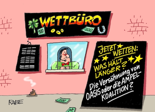 Cartoon: Nochmal Wettbüro (medium) by RABE tagged ampel,ampelregierung,rot,grün,gelb,fdp,spd,grüne,rabe,ralf,böhme,cartoon,karikatur,pressezeichnung,farbcartoon,tagescartoon,pöbelei,pöbler,bestrafung,regelung,beschimpfung,bundestag,abgeordnete,wette,wettbüro,oasis,gallagher,versöhnung,ampel,ampelregierung,rot,grün,gelb,fdp,spd,grüne,rabe,ralf,böhme,cartoon,karikatur,pressezeichnung,farbcartoon,tagescartoon,pöbelei,pöbler,bestrafung,regelung,beschimpfung,bundestag,abgeordnete,wette,wettbüro,oasis,gallagher,versöhnung