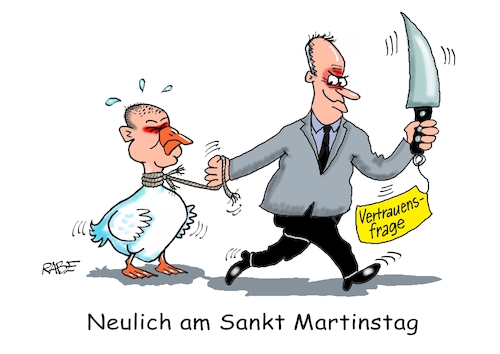 Cartoon: Olaf die Martinsgans (medium) by RABE tagged ampel,ampelregierung,rot,grün,gelb,fdp,spd,grüne,rabe,ralf,böhme,cartoon,karikatur,pressezeichnung,farbcartoon,tagescartoon,inflation,einkommen,rente,rentenpaket,bruch,streit,neuwahlen,vertrauensfrage,rücktritt,merz,scholz,messer,schlachtung,gans,martinsgans,martinstag,sankt,ampel,ampelregierung,rot,grün,gelb,fdp,spd,grüne,rabe,ralf,böhme,cartoon,karikatur,pressezeichnung,farbcartoon,tagescartoon,inflation,einkommen,rente,rentenpaket,bruch,streit,neuwahlen,vertrauensfrage,rücktritt,merz,scholz,messer,schlachtung,gans,martinsgans,martinstag,sankt