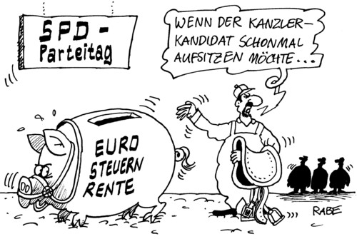Cartoon: Parteitägliches (medium) by RABE tagged parteitag,parteispitze,spd,berlin,gabriel,steinbrück,steinmeier,kanzlerkandidat,euro,krise,steuern,rente,rentendiskussion,steuersenkung,reichensteuer,schwein,sparschwein,sattel,zaumzeug,parteitag,parteispitze,berlin,gabriel,steinbrück,steinmeier,euro,krise