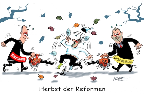 Cartoon: Reformatoren (medium) by RABE tagged merz,union,kanzler,fritze,koalition,spd,klingbeil,bundesregierung,rabe,ralf,böhme,cartoon,karikatur,pressezeichnung,farbcartoon,tagescartoon,fett,fettnapf,drecksarbeit,stelzen,training,lars,finanzminister,herbst,reformen,laub,laubbläser,michel,bürger,kürzungen,einsparung,haushalt,haushaltsloch,milliarden,milliardenloch,schulden,schuldenberg,merz,union,kanzler,fritze,koalition,spd,klingbeil,bundesregierung,rabe,ralf,böhme,cartoon,karikatur,pressezeichnung,farbcartoon,tagescartoon,fett,fettnapf,drecksarbeit,stelzen,training,lars,finanzminister,herbst,reformen,laub,laubbläser,michel,bürger,kürzungen,einsparung,haushalt,haushaltsloch,milliarden,milliardenloch,schulden,schuldenberg