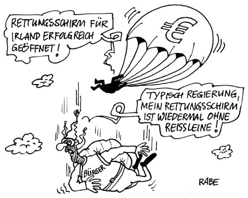 Cartoon: Rettungsschirm (medium) by RABE tagged reißleine,fallschirm,euro,finanzen,finanzkrise,wirtchaftskrise,irland,rettung