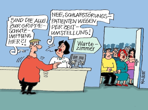 Cartoon: Schlafstörung (medium) by RABE tagged sommerzeit,winterzeit,zeitumstellung,uhren,grippe,grippeschutzimpfung,cartoon,karikatur,rabe,ralf,böhme,farbcartoon,tagescartoon,grippeschutz,impfung,schlafstörung,patienten,arztpraxis,wartezimmer,reception,anmeldung,sommerzeit,winterzeit,zeitumstellung,uhren,grippe,grippeschutzimpfung,cartoon,karikatur,rabe,ralf,böhme,farbcartoon,tagescartoon,grippeschutz,impfung,schlafstörung,patienten,arztpraxis,wartezimmer,reception,anmeldung