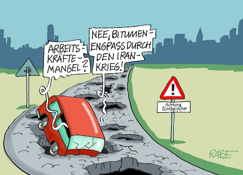 Cartoon: Schlaglochpiste (medium) by RABE tagged merz,kanzler,koalition,union,spd,klingbeil,cartoon,karikatur,pressezeichnung,farbcartoon,tagescartoon,db,bahn,frühling,frühjahr,frühjahrsputz,ice,zug,blumenkasten,blumenkästen,lieferengpass,bitumen,lieferkette,iran,irankrieg,engpass,schlaglöcher,arbeitskräftemangel,frostschäden,bau,merz,kanzler,koalition,union,spd,klingbeil,cartoon,karikatur,pressezeichnung,farbcartoon,tagescartoon,db,bahn,frühling,frühjahr,frühjahrsputz,ice,zug,blumenkasten,blumenkästen,lieferengpass,bitumen,lieferkette,iran,irankrieg,engpass,schlaglöcher,arbeitskräftemangel,frostschäden,bau