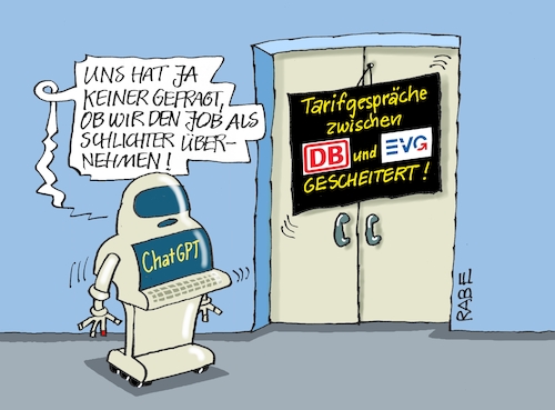 Cartoon: Schlichte Berater (medium) by RABE tagged gewerkschaften,tarife,tarifverhandlungen,streik,gew,verdi,rabe,ralf,böhme,cartoon,karikatur,pressezeichnung,farbcartoon,tagescartoon,schleifstein,messer,gewerkschaftsmitglieder,bahn,db,evg,tarifgespräche,scheitern,roboter,schlichter,verhandlungsführer,ki,intelligenz,chat,gpt,chatgpt,gewerkschaften,tarife,tarifverhandlungen,streik,gew,verdi,rabe,ralf,böhme,cartoon,karikatur,pressezeichnung,farbcartoon,tagescartoon,schleifstein,messer,gewerkschaftsmitglieder,bahn,db,evg,tarifgespräche,scheitern,roboter,schlichter,verhandlungsführer,ki,intelligenz,chat,gpt,chatgpt