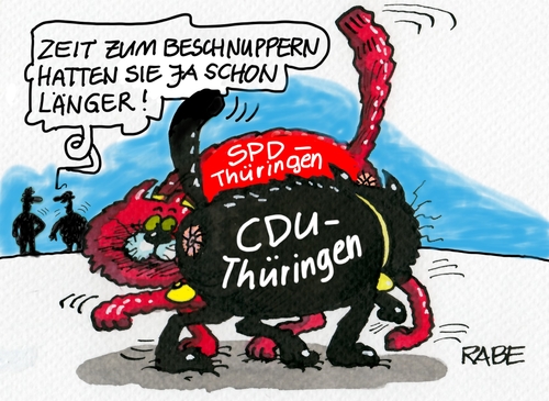 Cartoon: Schnupperkurs (medium) by RABE tagged landtagswahl,thüringen,sondierung,sondierungsgespräche,lieberknecht,ramelow,bausewein,rotrot,schwarz,grün,rabe,ralf,böhme,cartoon,karikatur,pressezeichnung,farbcartoon,tagescartoon,katzen,beschnuppern,arschlöcher