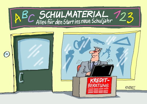 Cartoon: Schulstart (medium) by RABE tagged schüler,lehrer,zeugnisse,zeugnistag,zeugnisausgabe,ferien,winterferien,rabe,ralf,böhme,cartoon,karikatur,farbcartoon,pressezeichnung,tagescartoon,alexa,amazon,internet,zeugnistelefon,schulstart,schulbeginn,schulmaterial,einschulung,zuckertüte,schreibwaren,eltern,laden,schulbedarf,füller,ranzen,zirkel,kredit,finanzierung,kreditabteilung,kreditberatung,banker,schüler,lehrer,zeugnisse,zeugnistag,zeugnisausgabe,ferien,winterferien,rabe,ralf,böhme,cartoon,karikatur,farbcartoon,pressezeichnung,tagescartoon,alexa,amazon,internet,zeugnistelefon,schulstart,schulbeginn,schulmaterial,einschulung,zuckertüte,schreibwaren,eltern,laden,schulbedarf,füller,ranzen,zirkel,kredit,finanzierung,kreditabteilung,kreditberatung,banker