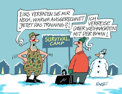 Cartoon: Survival camp (medium) by RABE tagged merz,kanzler,koalition,union,spd,klingbeil,cartoon,karikatur,pressezeichnung,farbcartoon,tagescartoon,weihnachten,bescherung,weiihnachtsbaum,gans,weihnachtsgans,bratröhre,weihnachtsessen,survival,survivaltraining,survivalcamp,überlebenstraining,training,feiertage,festtage,reise,db,bahn,verspätung,zugausfall,härtetest,verkehr,schienennetz,merz,kanzler,koalition,union,spd,klingbeil,cartoon,karikatur,pressezeichnung,farbcartoon,tagescartoon,weihnachten,bescherung,weiihnachtsbaum,gans,weihnachtsgans,bratröhre,weihnachtsessen,survival,survivaltraining,survivalcamp,überlebenstraining,training,feiertage,festtage,reise,db,bahn,verspätung,zugausfall,härtetest,verkehr,schienennetz