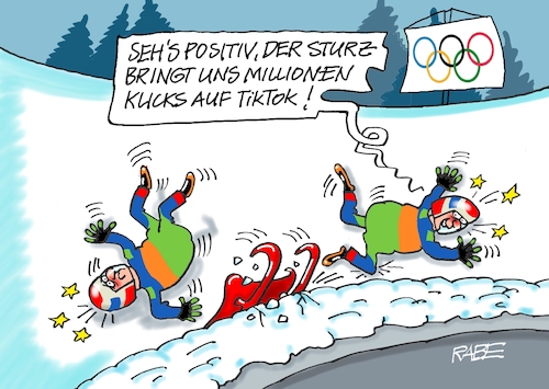 Cartoon: TikTokklickklick (medium) by RABE tagged kälte,winter,frost,eis,schnee,wetter,wetterbericht,eisglätte,dauerfrost,cartoon,karikatur,rabe,ralf,böhme,tageszeichnung,farbcartoon,pressezeichnung,feuerwehr,kind,eisen,metall,zunge,klima,klimakleber,wintersport,olympia,winterspiele,bob,bobbahn,eiskanal,tiktok,klick,aufruf,like,sturz,unfall,schlitten,sieg,medien,kälte,winter,frost,eis,schnee,wetter,wetterbericht,eisglätte,dauerfrost,cartoon,karikatur,rabe,ralf,böhme,tageszeichnung,farbcartoon,pressezeichnung,feuerwehr,kind,eisen,metall,zunge,klima,klimakleber,wintersport,olympia,winterspiele,bob,bobbahn,eiskanal,tiktok,klick,aufruf,like,sturz,unfall,schlitten,sieg,medien
