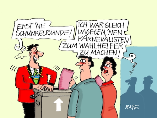 Cartoon: Wahlhelfer (medium) by RABE tagged ampel,ampelregierung,rot,grün,gelb,fdp,spd,grüne,rabe,ralf,böhme,cartoon,karikatur,pressezeichnung,farbcartoon,tagescartoon,inflation,einkommen,rente,rentenpaket,bruch,streit,neuwahlen,wahlhelfer,wahllokal,wahlkampf,karnevalist,fasching,karneval,büttenredner,ampel,ampelregierung,rot,grün,gelb,fdp,spd,grüne,rabe,ralf,böhme,cartoon,karikatur,pressezeichnung,farbcartoon,tagescartoon,inflation,einkommen,rente,rentenpaket,bruch,streit,neuwahlen,wahlhelfer,wahllokal,wahlkampf,karnevalist,fasching,karneval,büttenredner