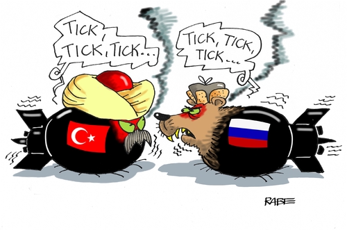 Cartoon: Zeitbomben (medium) by RABE tagged krise,abschuß,kampfjet,erdöl,is,sanktionen,kremlchef,russland,putin,türkei,erdogan,zuspitzung,raberalf,böhme,cartoon,karikatur,pressezeichnung,farbcartoon,tagescartoon,bomben,zeitzünder,tick,turban,bär,pelzmützebeziehungen,klimaabkühlung,erdogan,türkei,putin,russland,kremlchef,sanktionen,is,erdöl,kampfjet,abschuß,krise,zuspitzung,raberalf,böhme,cartoon,karikatur,pressezeichnung,farbcartoon,tagescartoon,bomben,zeitzünder,tick,turban,bär,pelzmützebeziehungen,klimaabkühlung