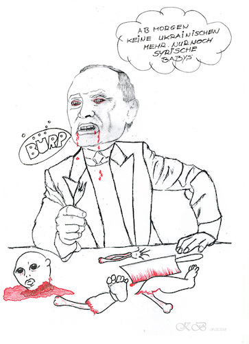 Cartoon: Ein Schlächter Putin (medium) by menschenskindergarten tagged syrien,iran,russland,usa,waffenstillstand,sicherheitsrat,putin