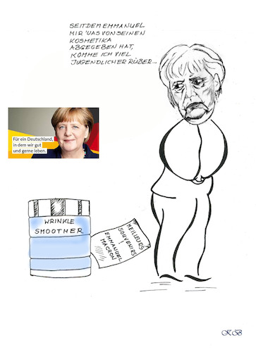 Cartoon: Französisch-Deutsche Kooperation (medium) by menschenskindergarten tagged wahlen,merkel,wahlplakate,cdu,macron,frankreich