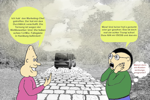 Cartoon: Moia in Hamburg erfolgreich (medium) by menschenskindergarten tagged elektromobilität,moia,vw,diess,hamburg,fahrradstadt,fegebank,kerstan,grüne,spd,cdu