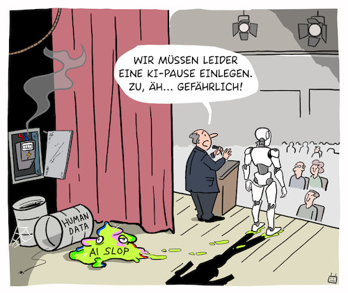 Cartoon: Doom Trolling (medium) by Cloud Science tagged künstliche,intelligenz,ki,kritik,marketing,weltuntergang,doomsday,gefahr,sicherheit,hype,stromverbrauch,energieverbrauch,trainingsdaten,datenmangel,menschliche,daten,ai,slop,datenkontamination,modellkollaps,roboter,technologie,trolling,doom,künstliche,intelligenz,ki,kritik,marketing,weltuntergang,doomsday,gefahr,sicherheit,hype,stromverbrauch,energieverbrauch,trainingsdaten,datenmangel,menschliche,daten,ai,slop,datenkontamination,modellkollaps,roboter,technologie,trolling,doom